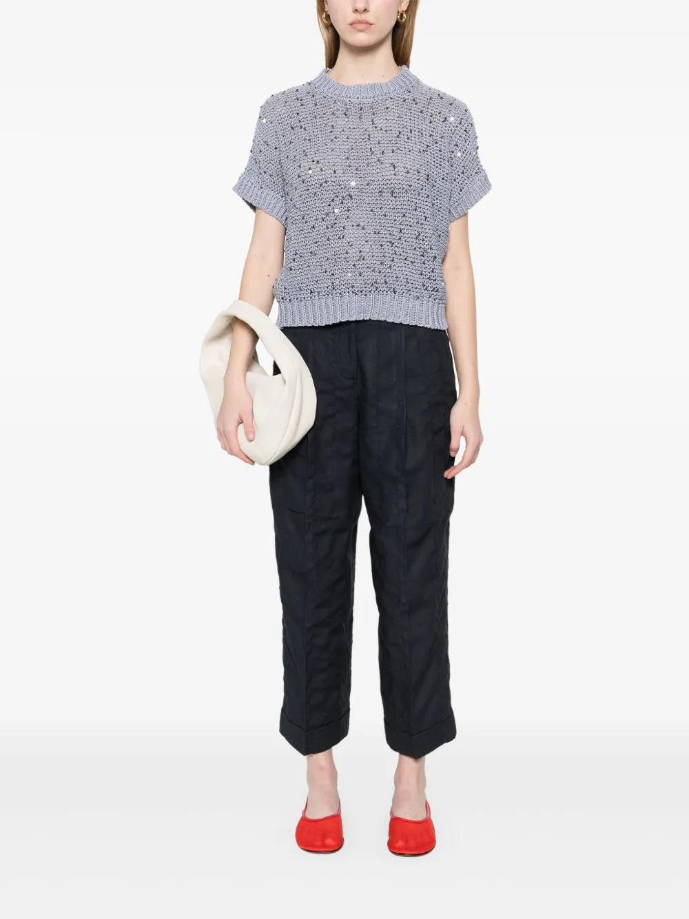 Shop Peserico Sequin-embellished Cotton Top In Blue