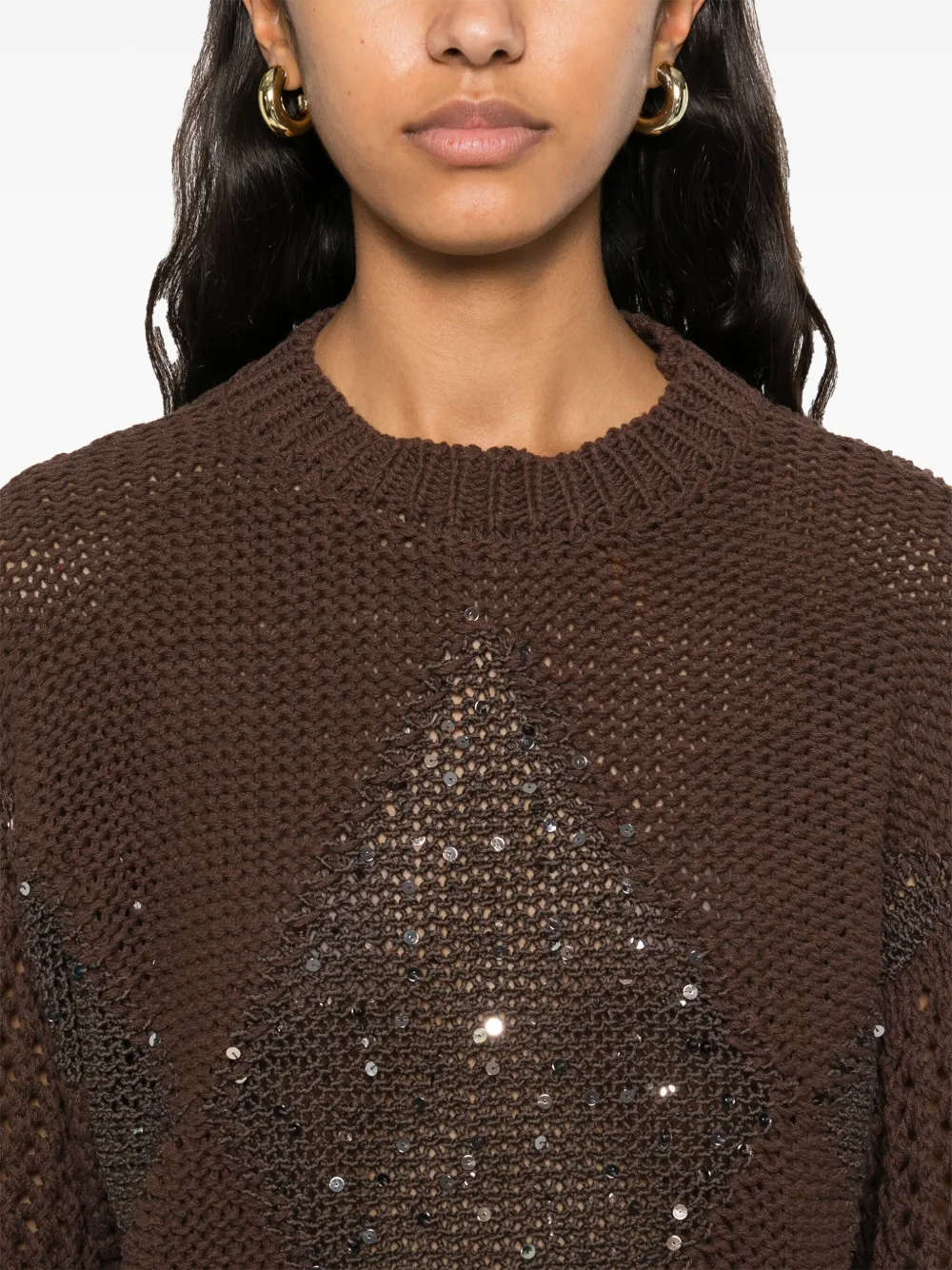 Shop Peserico Jacquard Sequinned Sweater In Brown