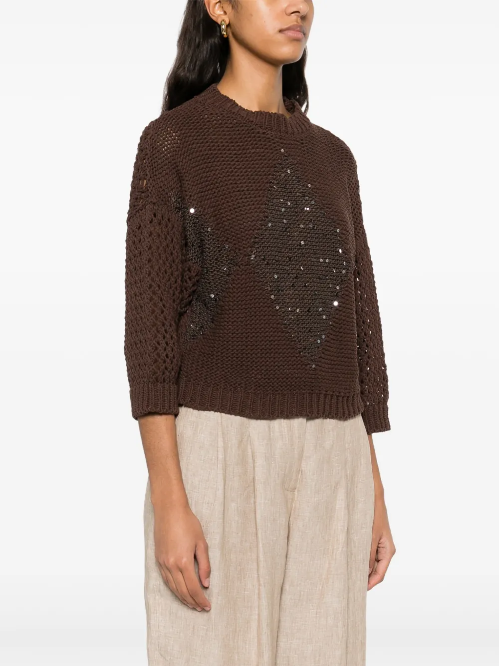 Shop Peserico Jacquard Sequinned Sweater In Brown
