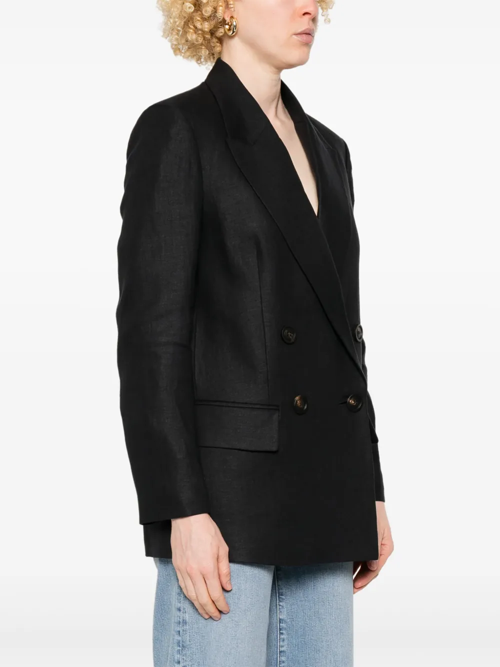 Shop Peserico Linen Double-breasted Blazer In Blue