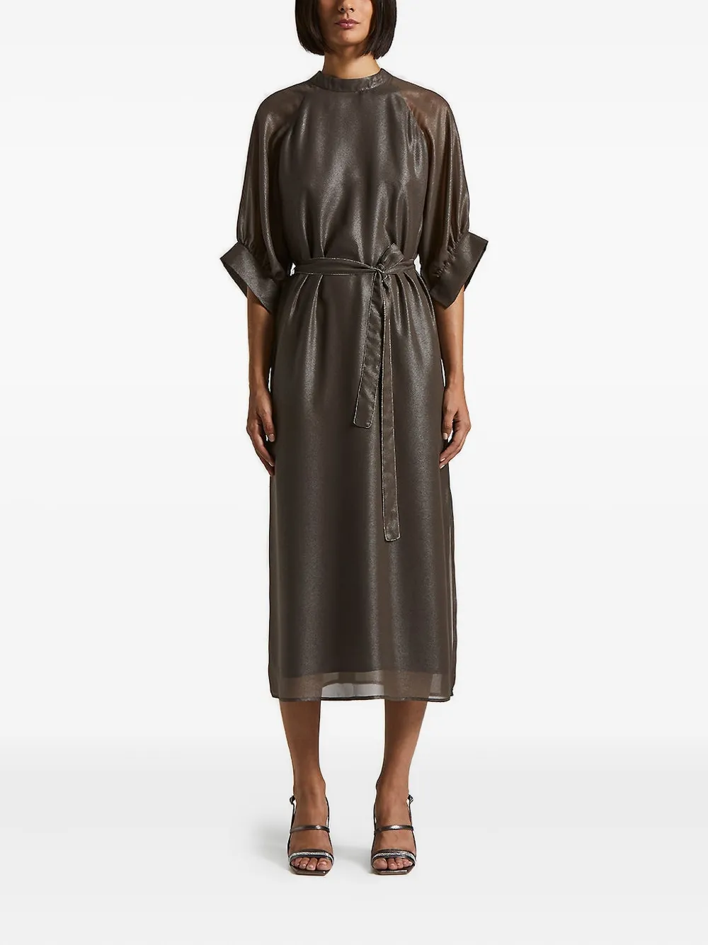 Peserico quarter-sleeve belted midi dress - Marrone