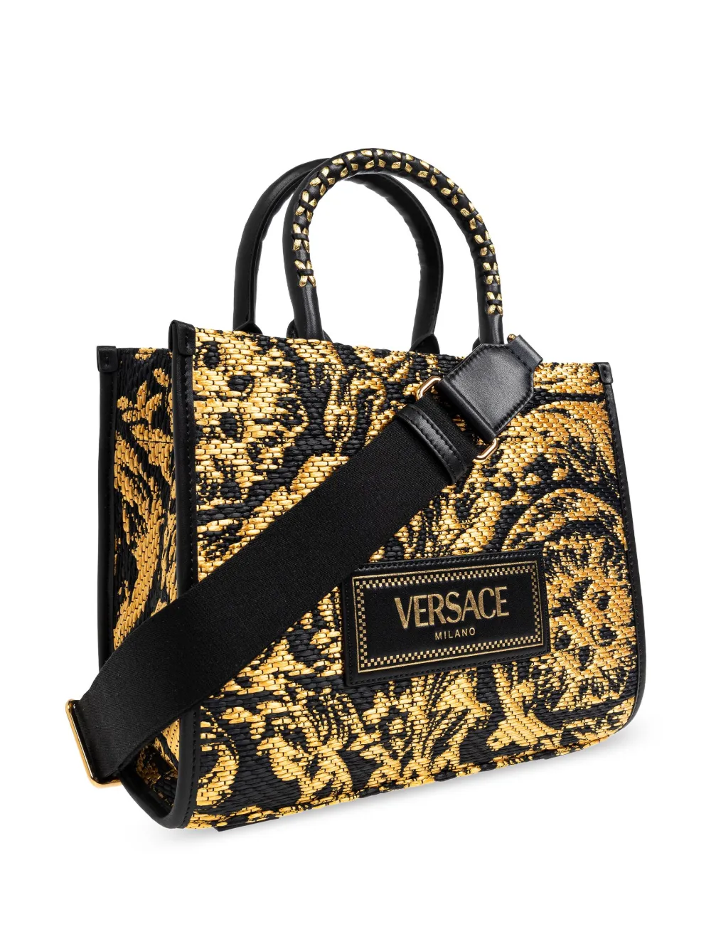 Versace Barocco Athena kleine raffia shopper Zwart