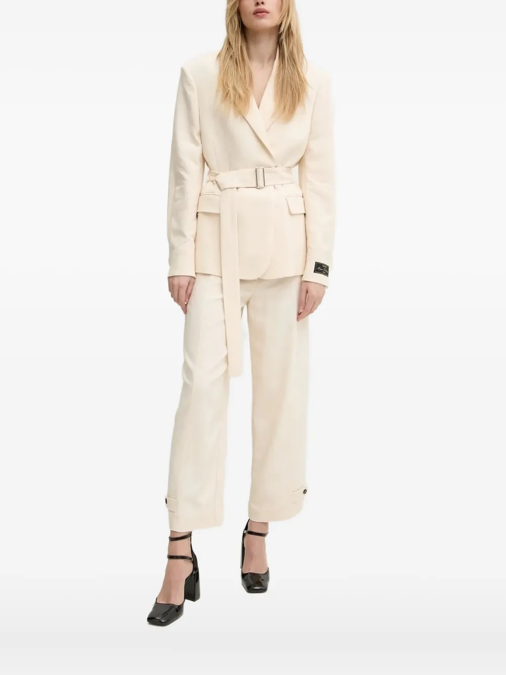 Msgm Belted Padded-shoulder Blazer In Neutral