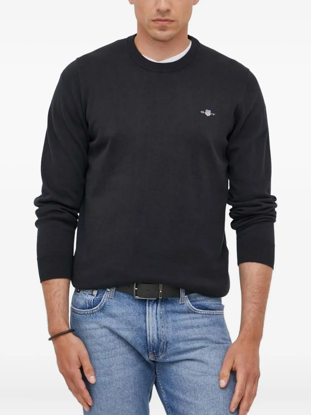 Gant logo-embroidered crew-neck sweater Zwart
