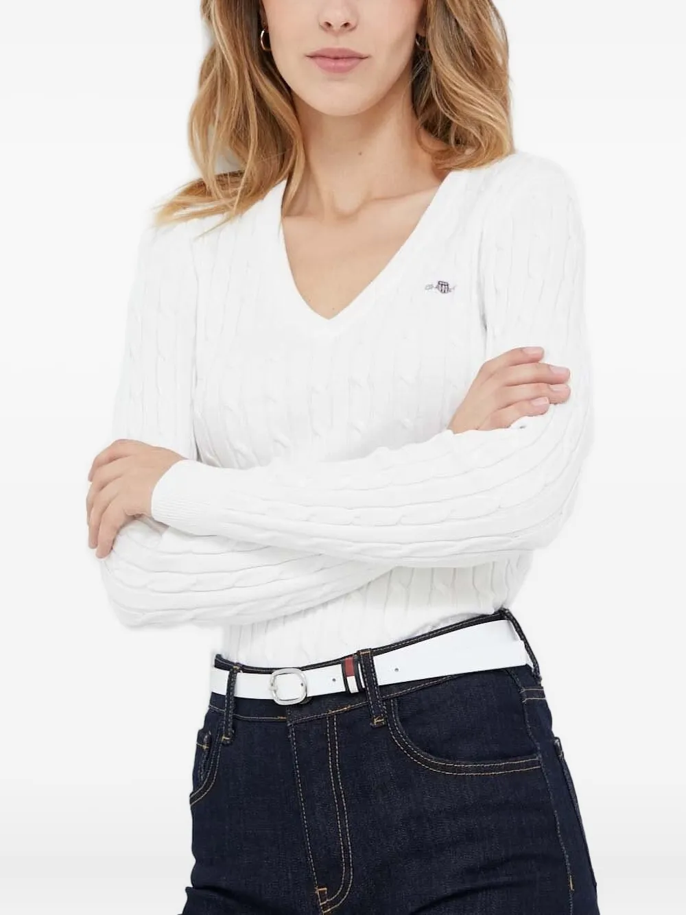 Gant Suéter de tricô com gola V | Branco | Image 1