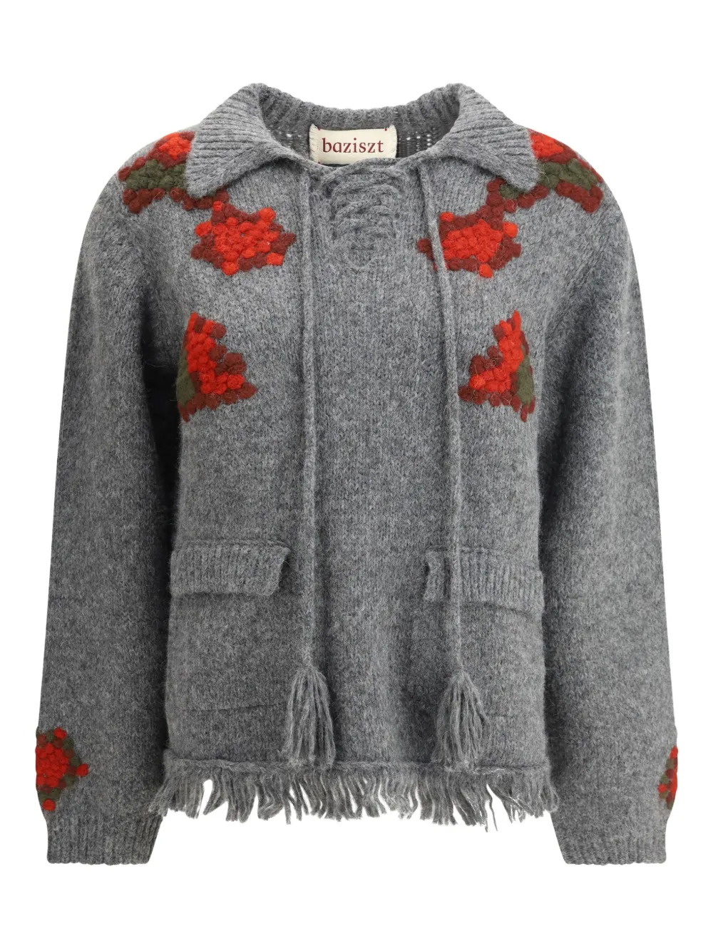 Graphite fringed floral-embroidered sweater