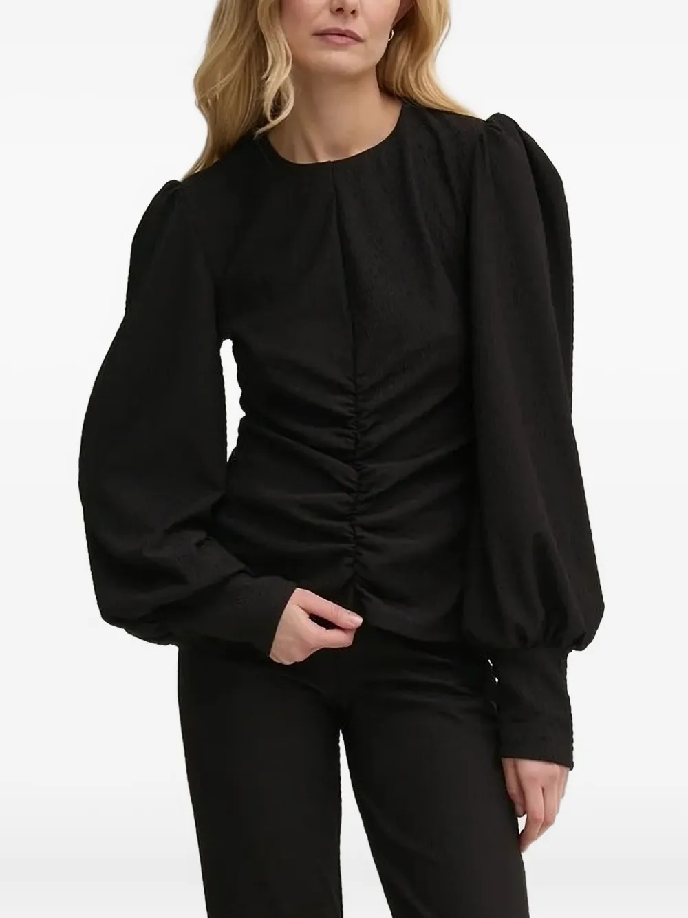 Gestuz Balloon-sleeve Gathered Top In Black