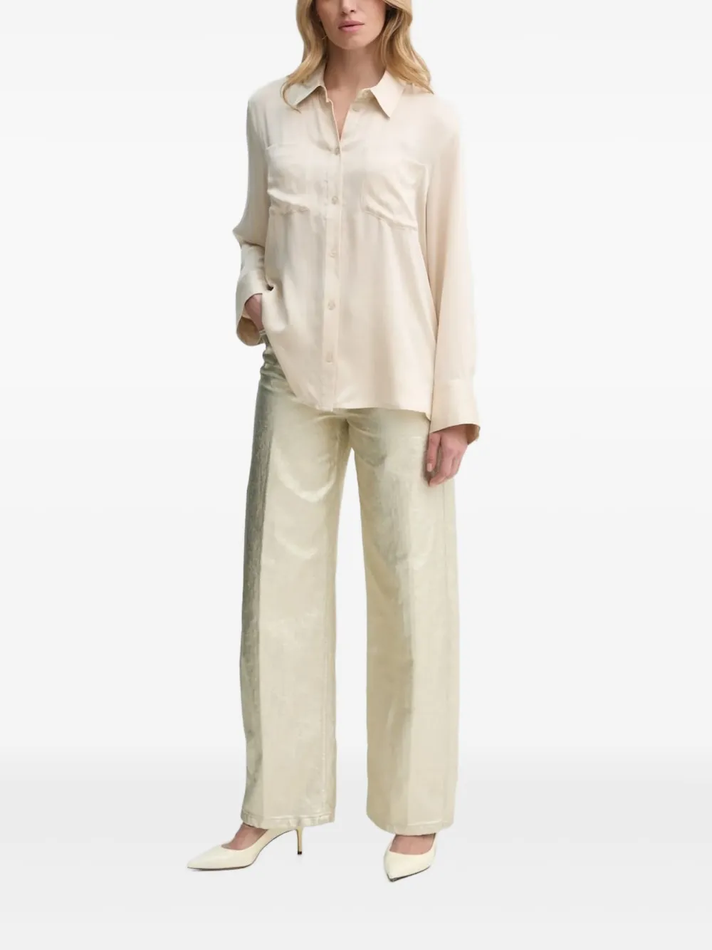 Gestuz pocket-detail satin shirt | Neutrals | Image 1