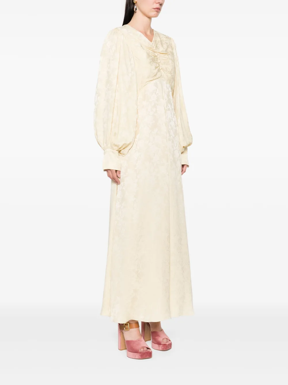 Chloé Midi-jurk met bloemen-jacquard en ruches Beige