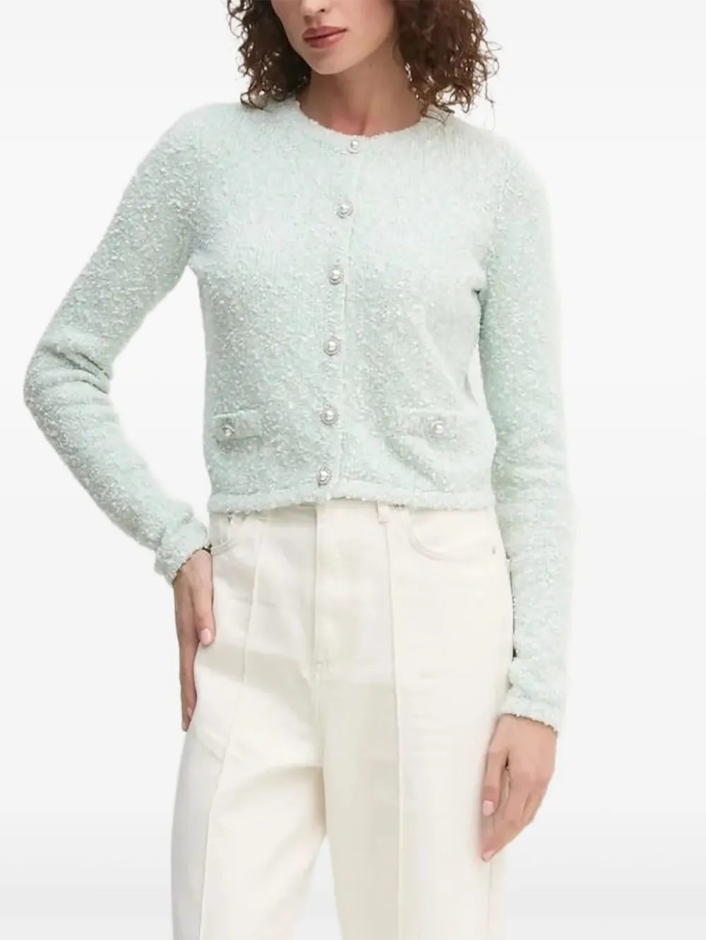 Guess Usa Buttoned Bouclé Cardigan In Green