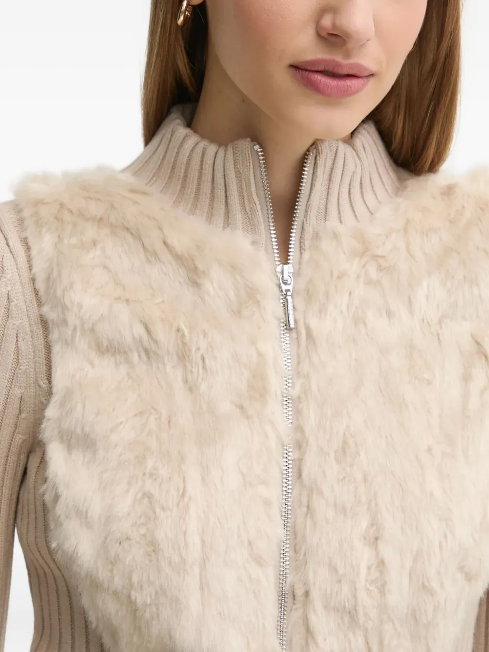 GUESS USA Geribbeld vest met vlak van imitatiebont Beige
