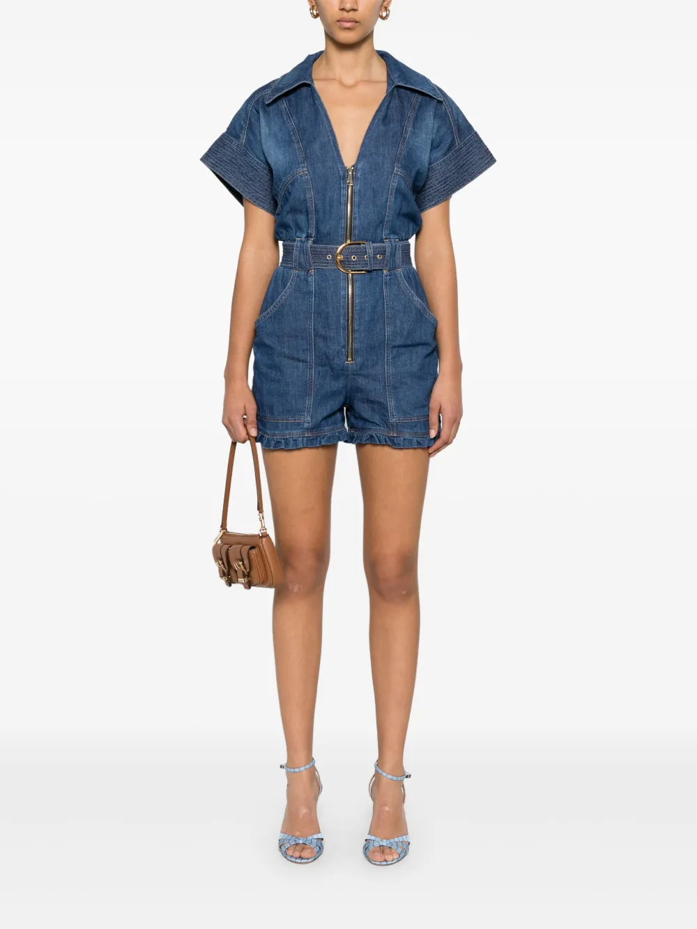 Elisabetta Franchi Denim romper met ceintuur - Blauw