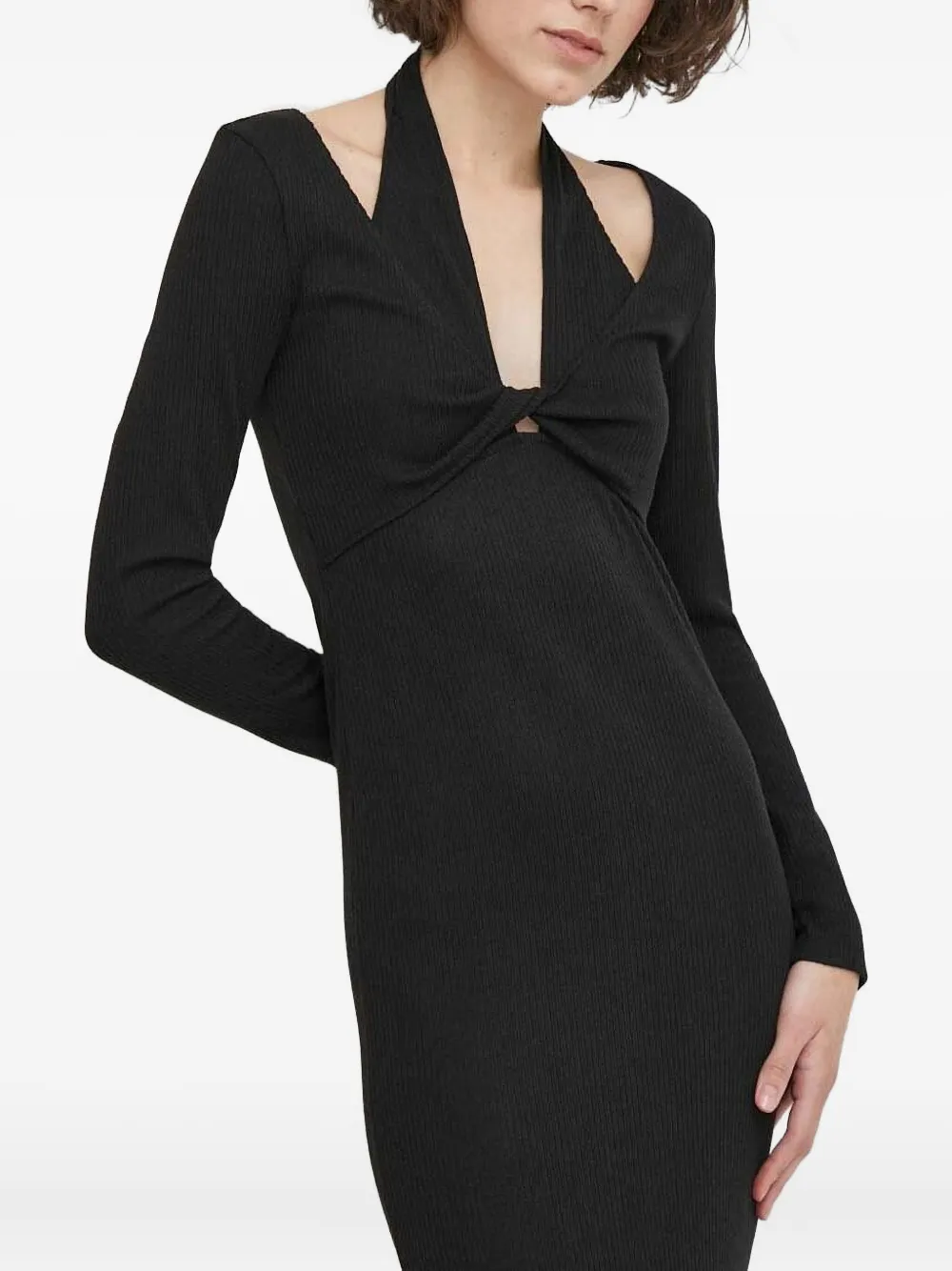 Sisley Geribbelde jurk met gedraaide hals Zwart