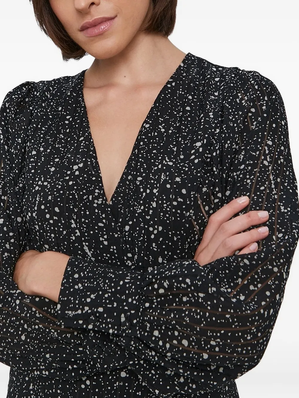 Sisley Paris Puff-sleeve Speckle-print Dress In Black
