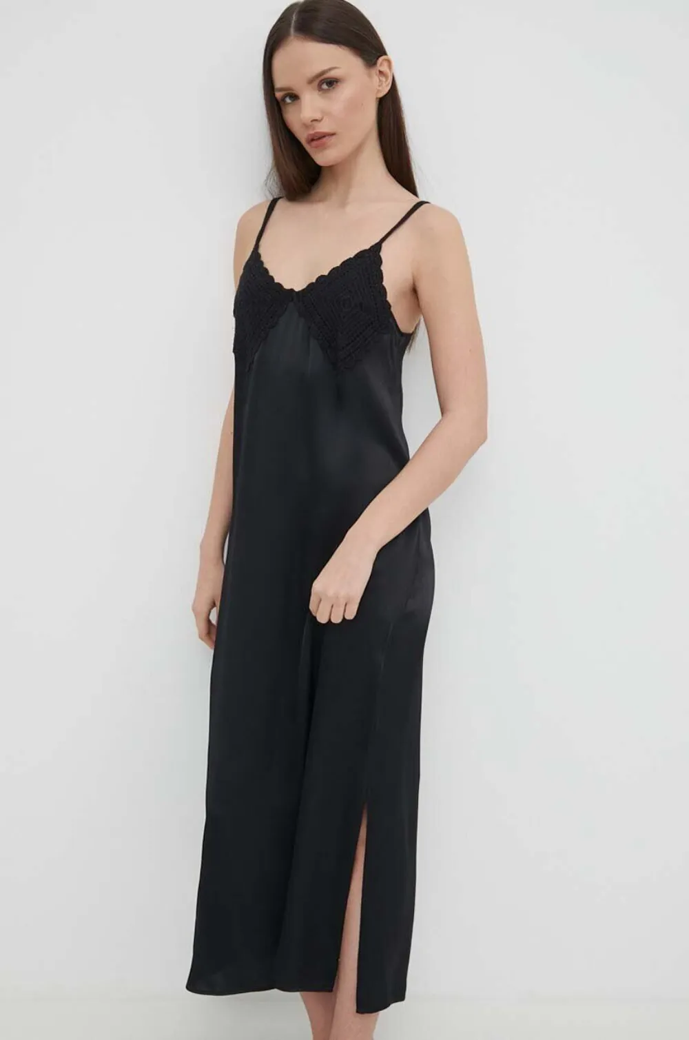 Sisley Paris Crochet-detail Midi Slip Dress In Black