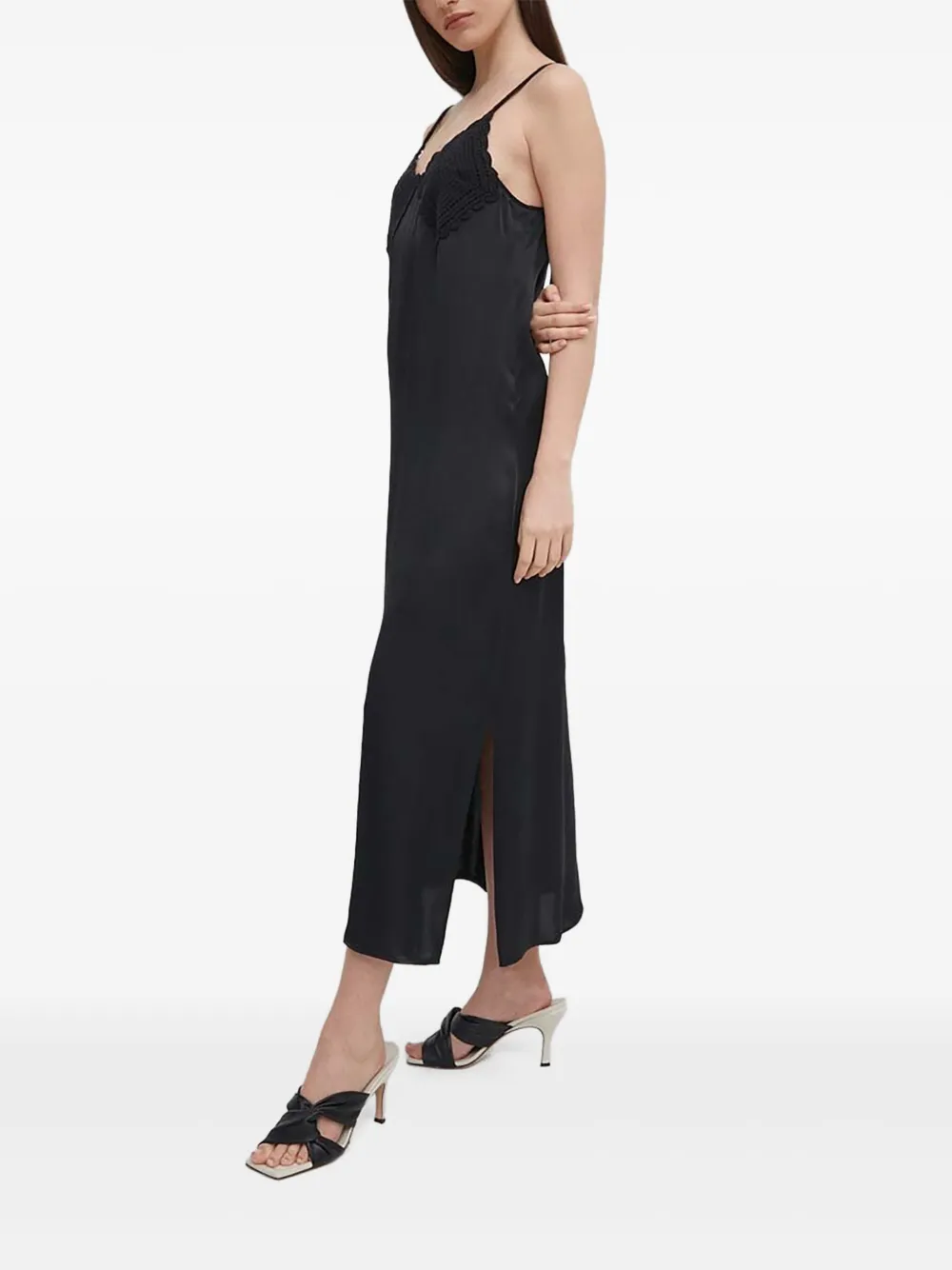 Sisley Paris Crochet-detail Midi Slip Dress In Black