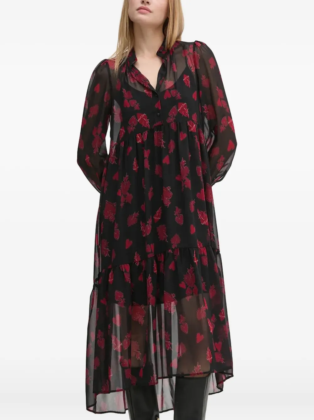 Sisley Paris Heart-print Midi Dress In Black