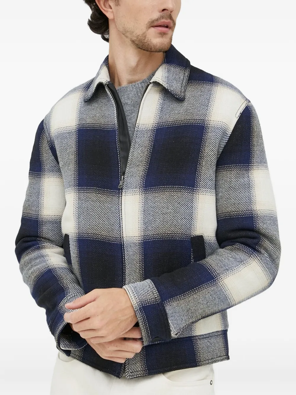 Sisley checked-print zip-up shirt jacket Blauw