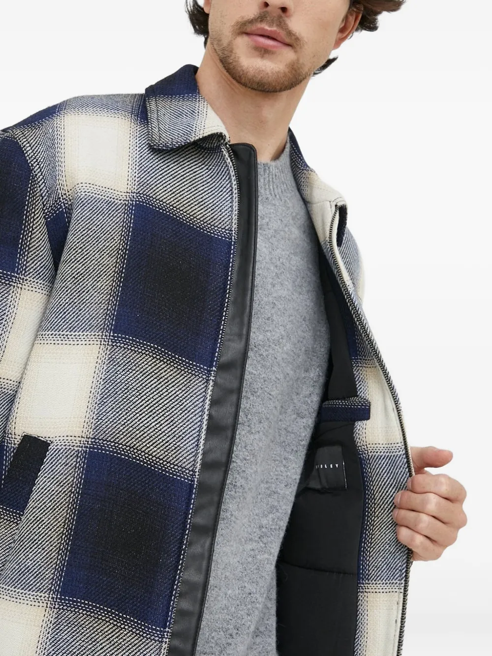 Sisley checked-print zip-up shirt jacket Blauw