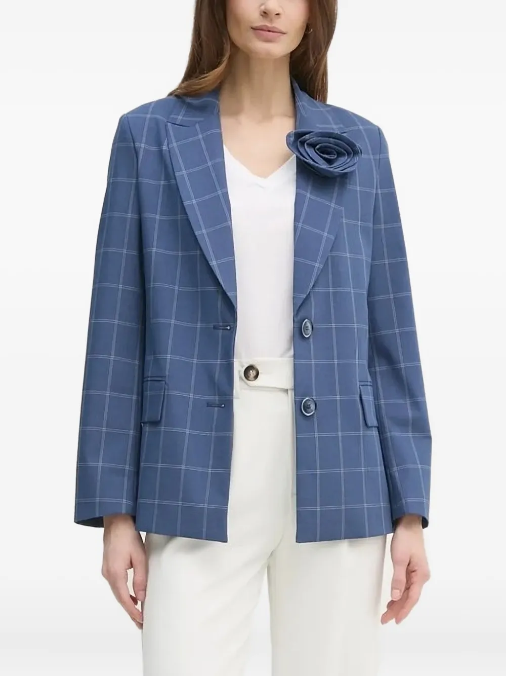 Sisley Paris Checked Rose-embellished Blazer In Blue