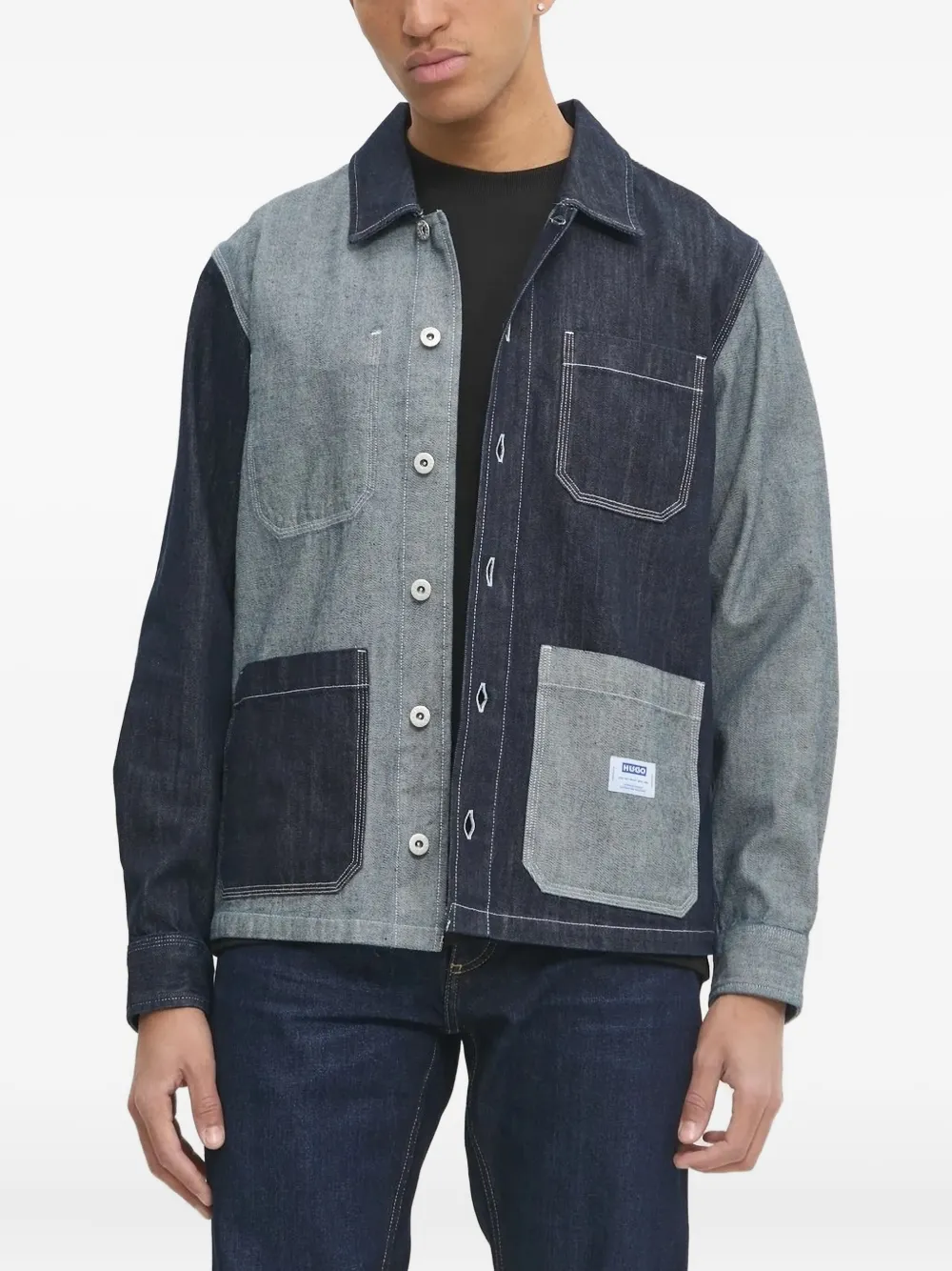 HUGO Eberse patchwork denim shirt Blauw
