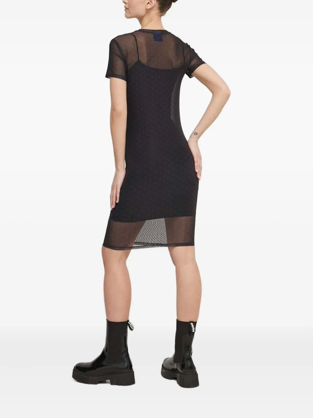 HUGO logo-print mesh dress - Zwart