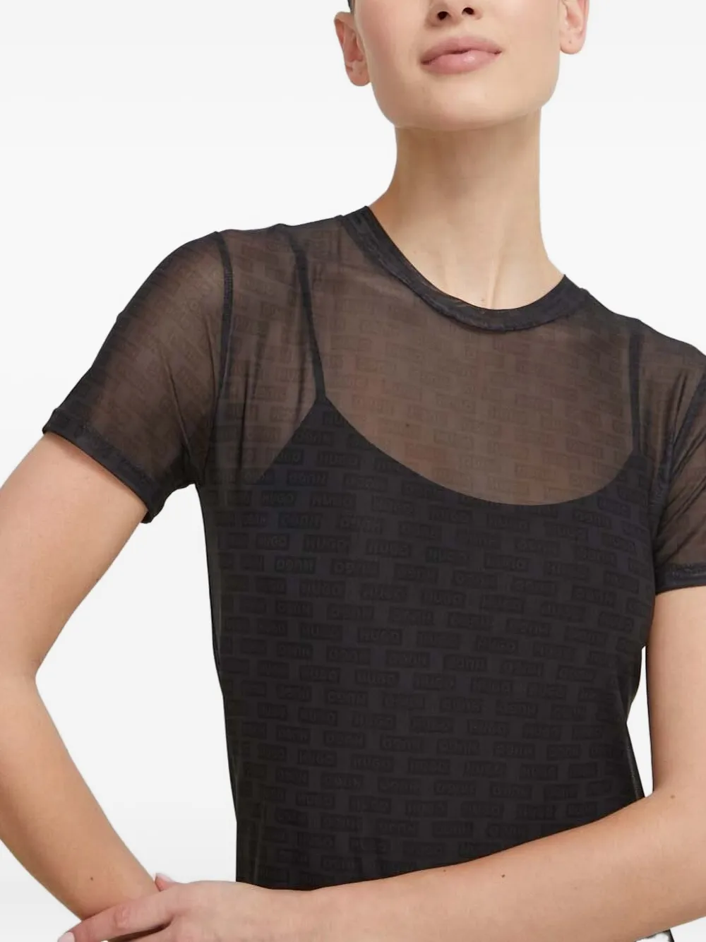 HUGO logo-print mesh dress Zwart