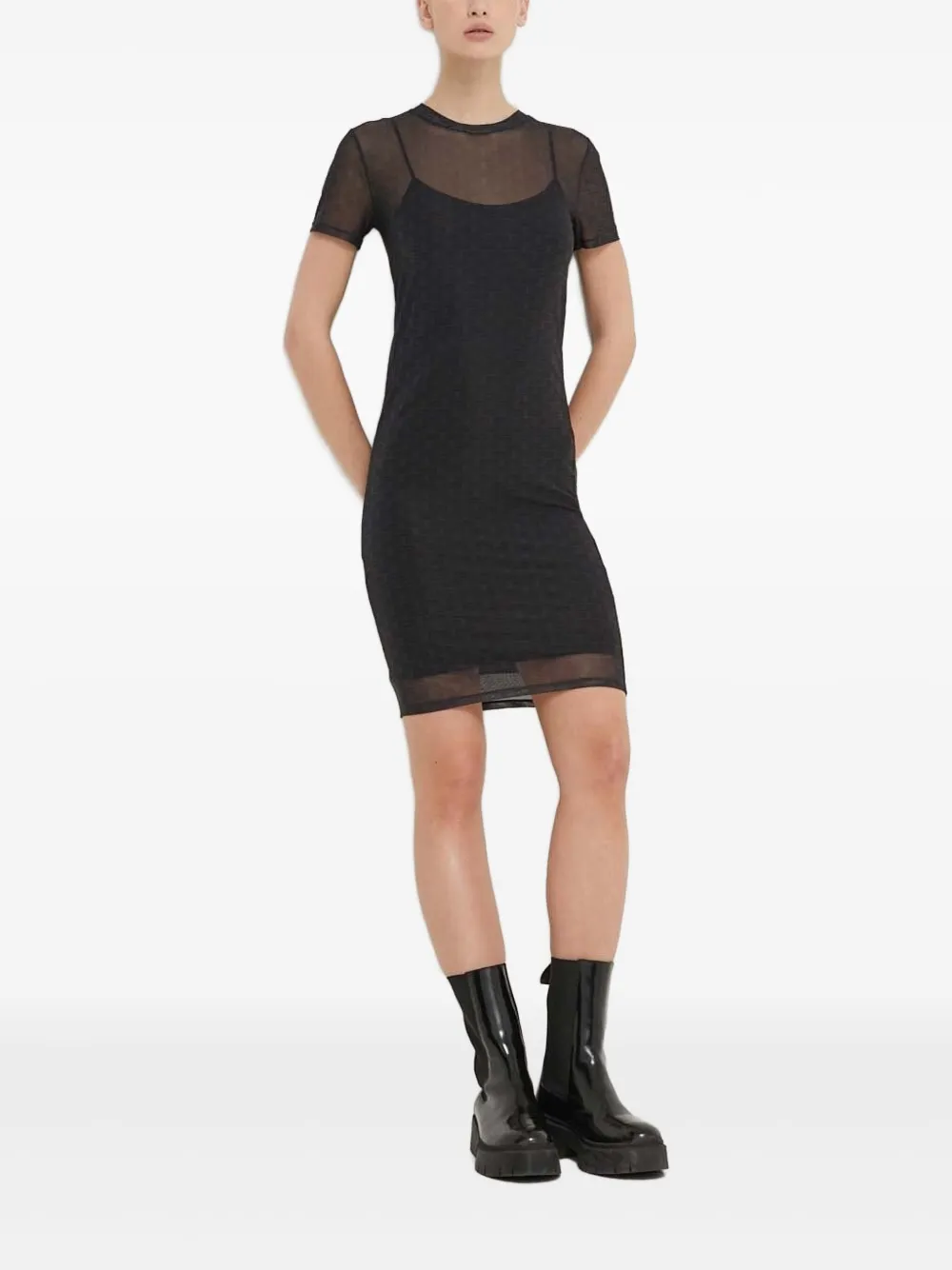 HUGO logo-print mesh dress Zwart