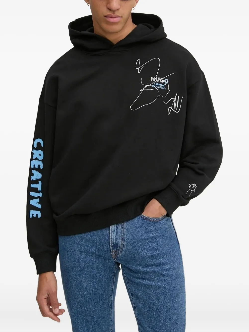 HUGO Hoodie met grafische print en logo Zwart
