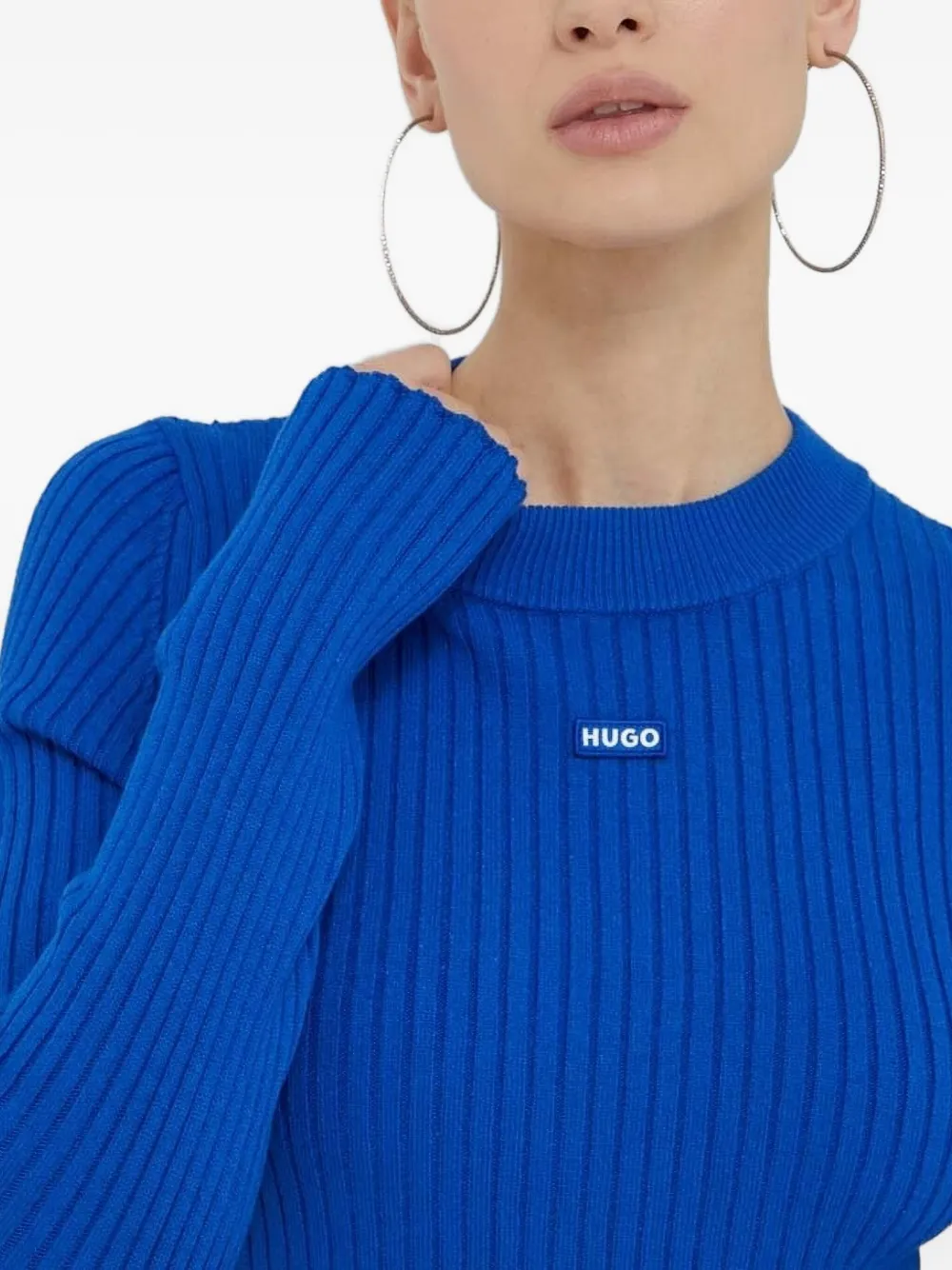 HUGO Geribbelde trui met logopatch Blauw