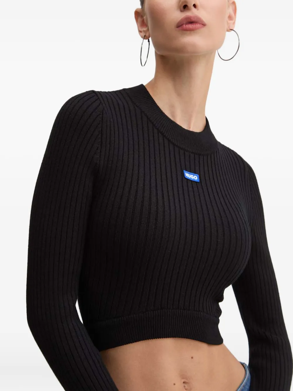 HUGO Geribbelde top met patch Zwart