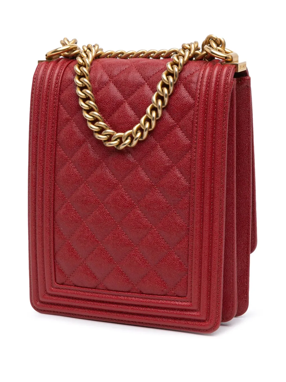 Pre-owned Chanel 2019 Quilted Caviar North South Boy Flap Shoulder Bag In Red