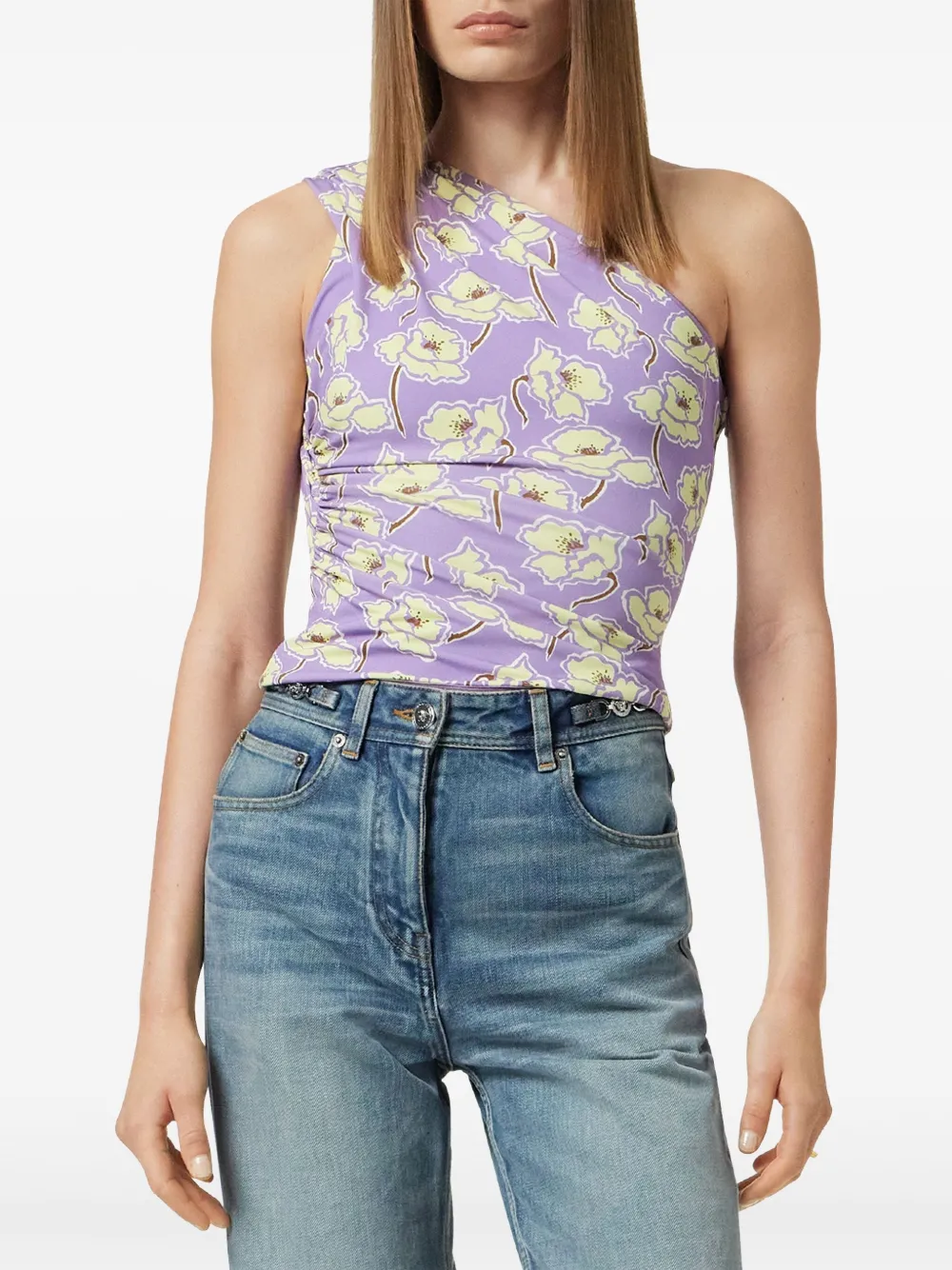 Versace Poppies gesmockte asymmetrische top Paars
