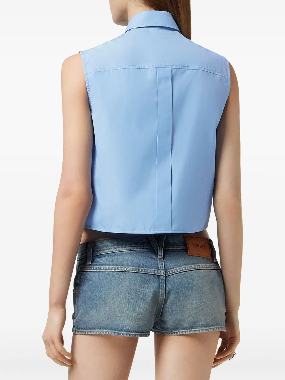 Versace Medusa Cameo Embroidered Crop Poplin Shirt In Blue