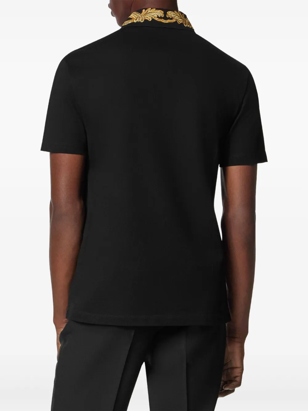 Versace Embroidered Barocco Leaf Polo Shirt In Black