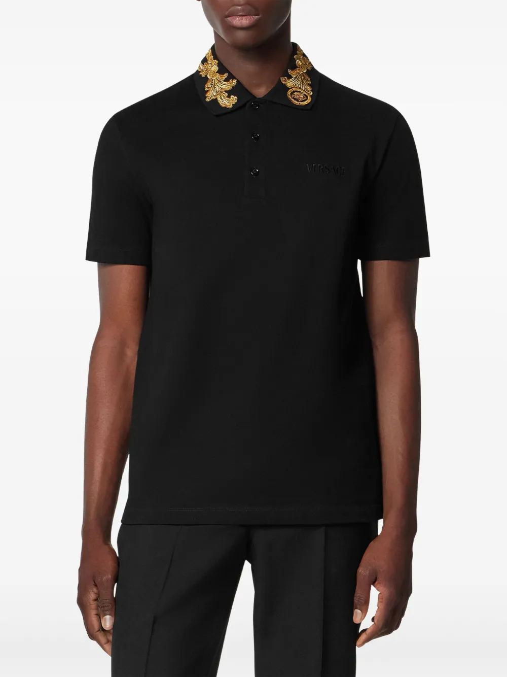 Versace Embroidered Barocco Leaf Polo Shirt In Black