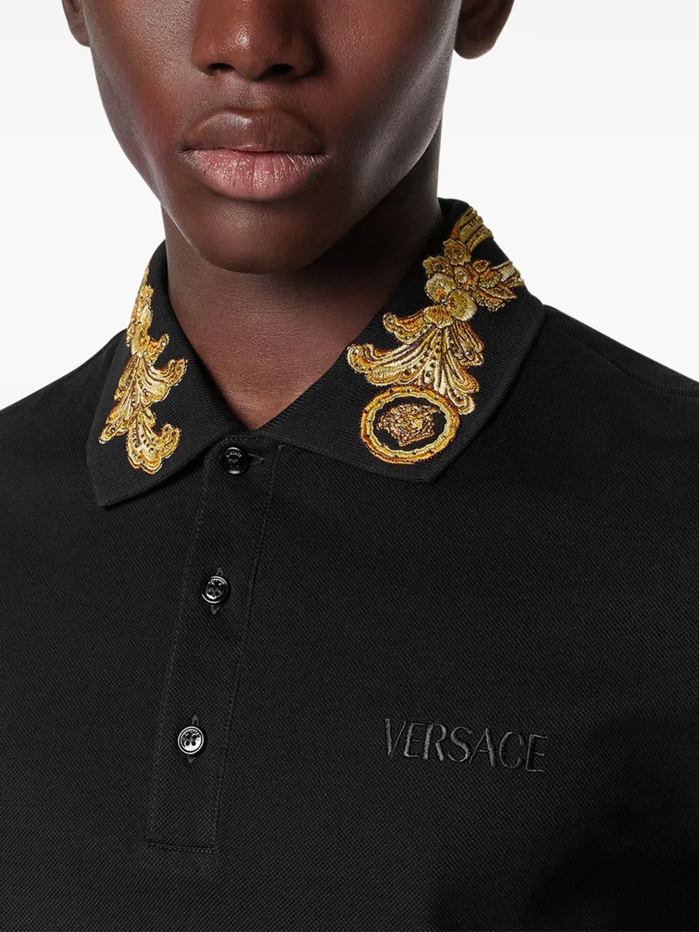 Versace Embroidered Barocco Leaf Polo Shirt In Black