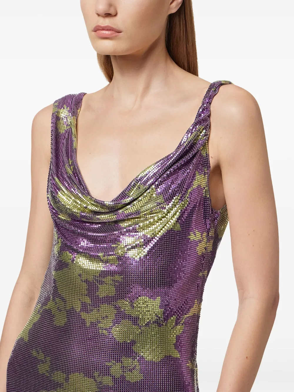 Shop Versace Wild Roses Metal Mesh Draped Midi Dress In Purple