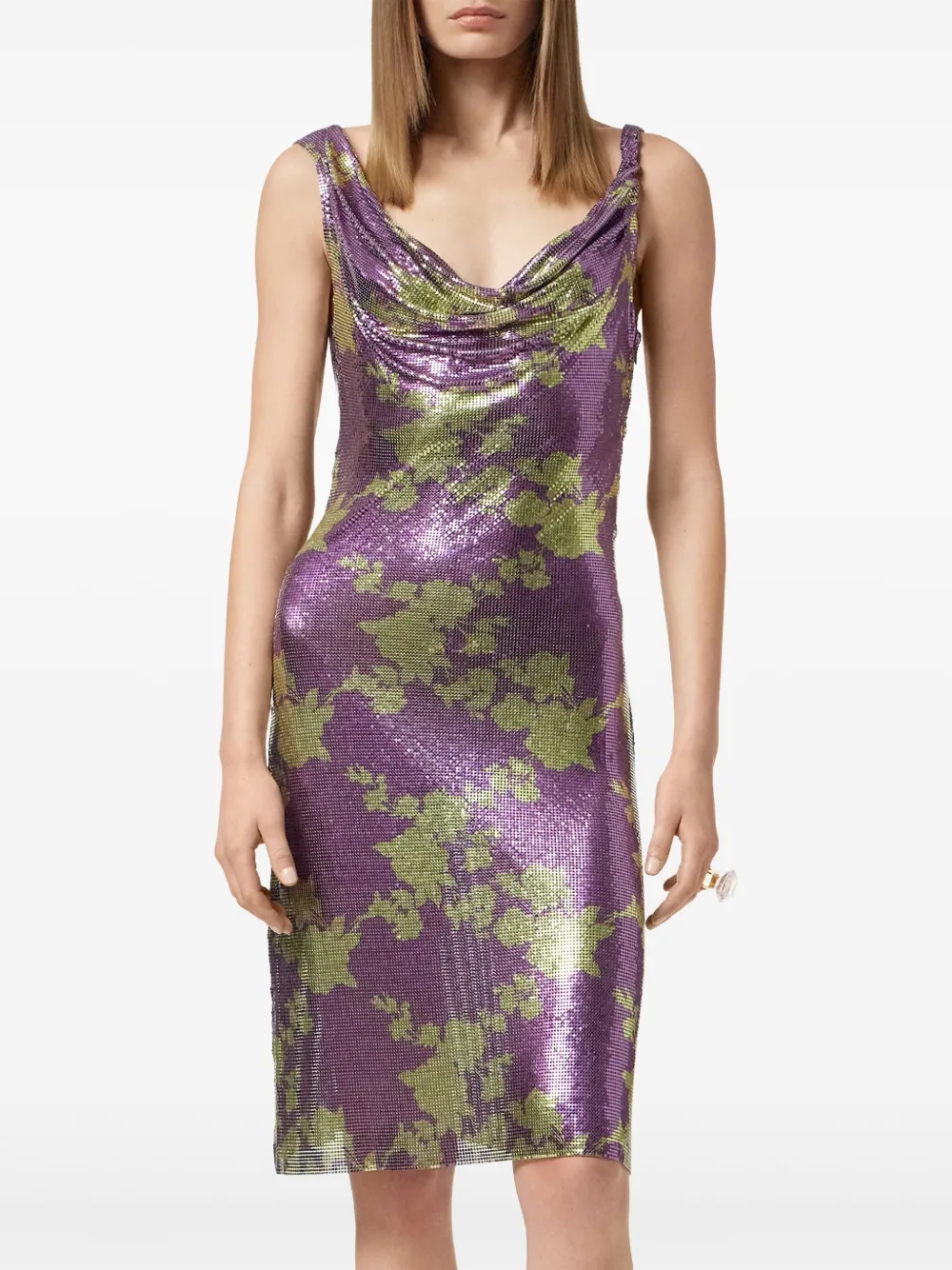 VERSACE WILD ROSES METAL MESH DRAPED MIDI DRESS