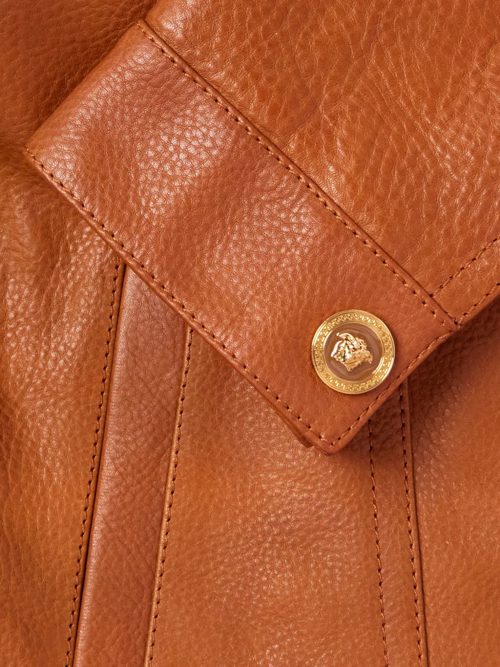 Versace Medusa Head-buttons Leather Jacket In Brown