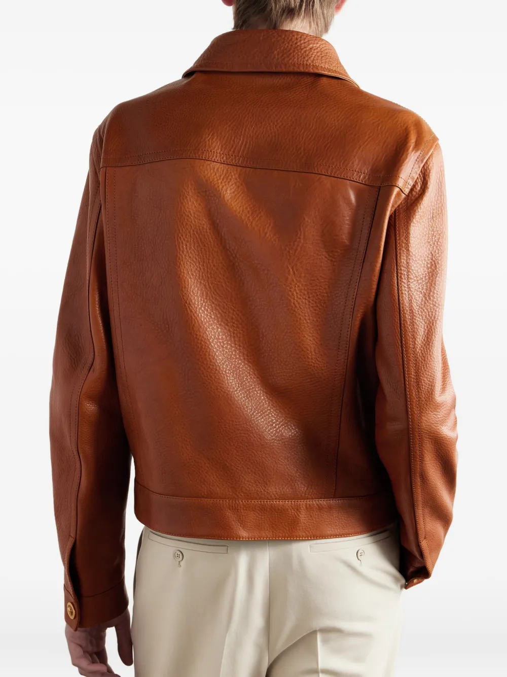 Versace Medusa Head-buttons Leather Jacket In Brown