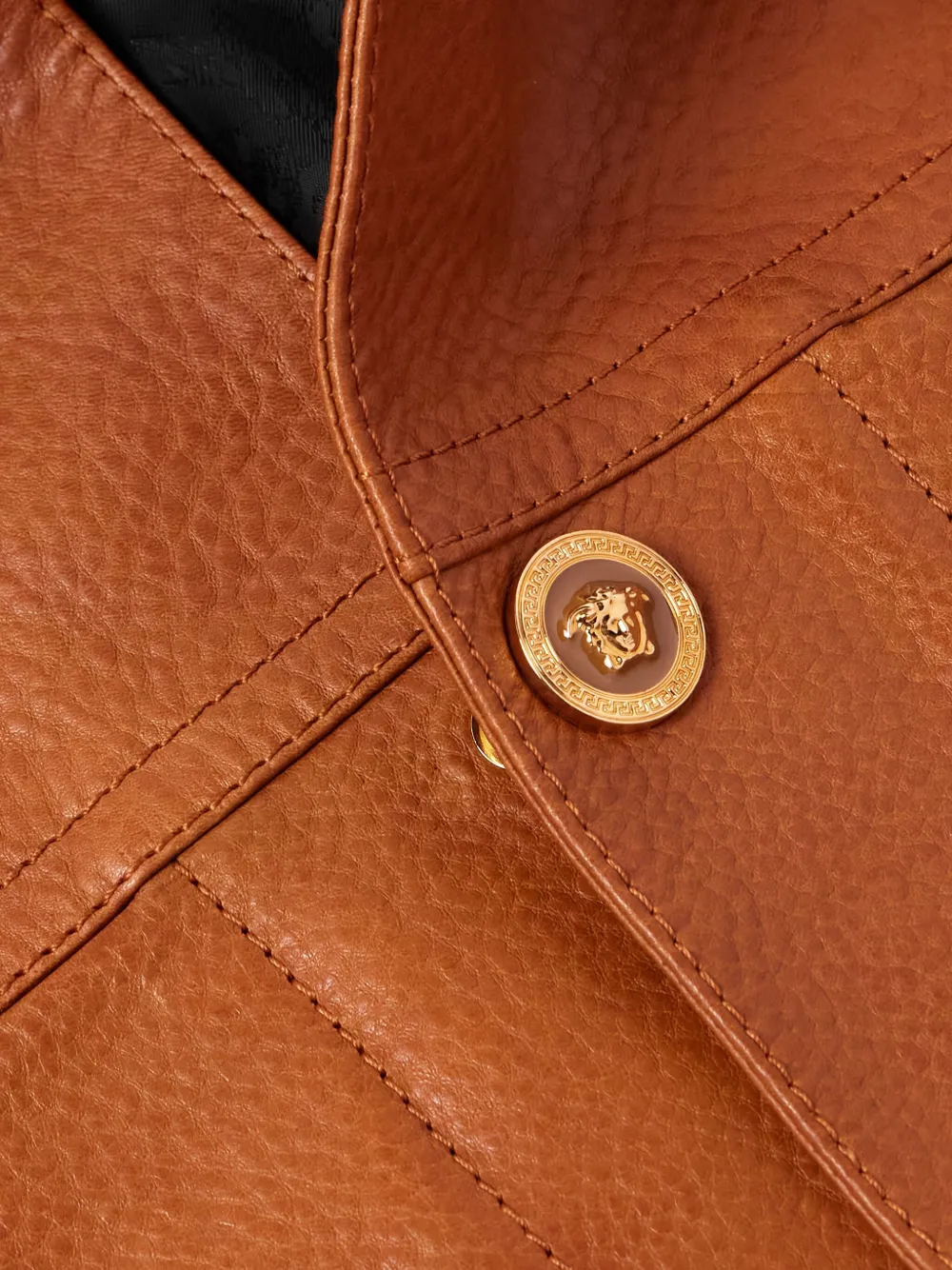 Versace Medusa Head-buttons Leather Jacket In Brown