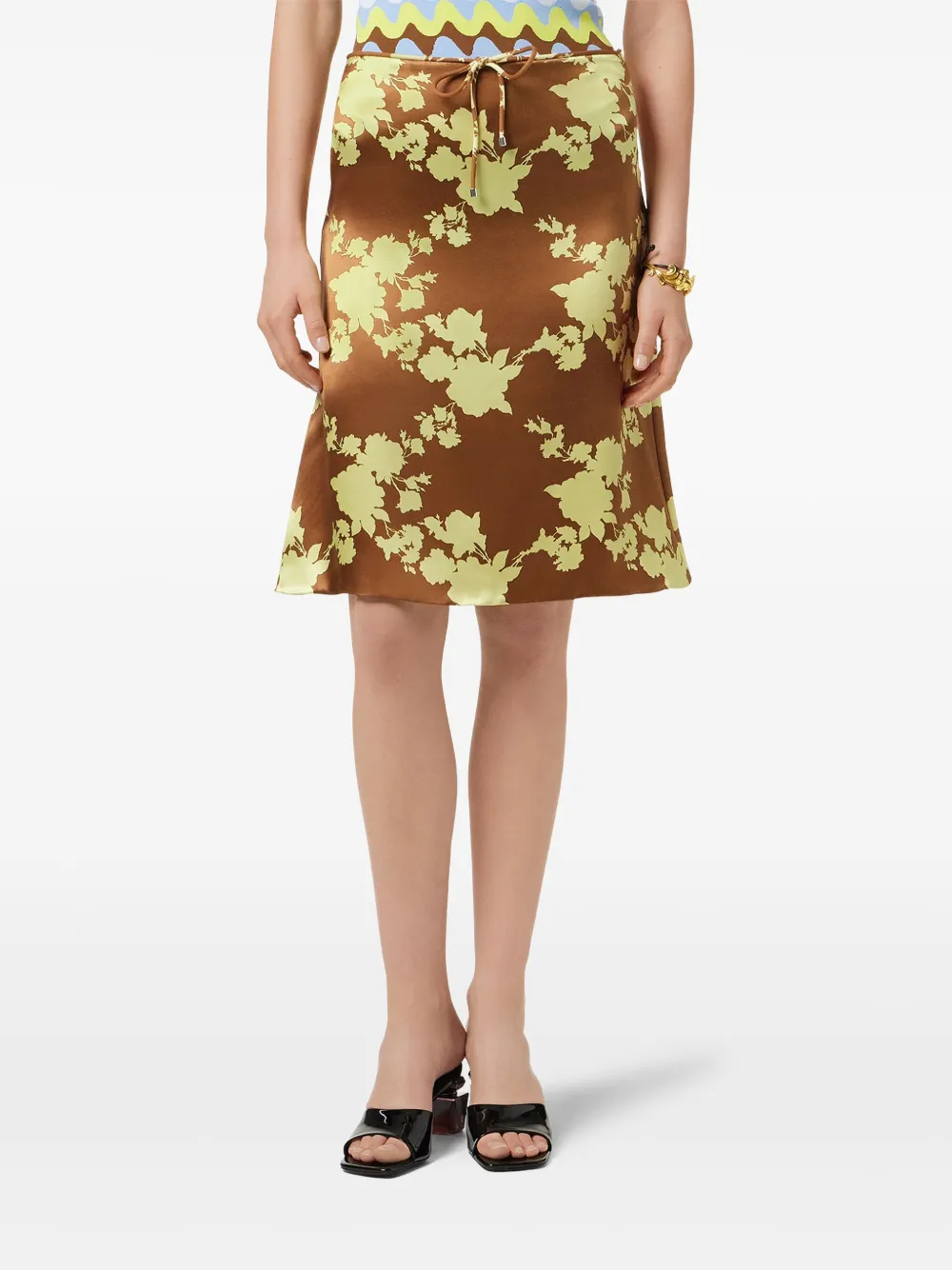Versace Wild Roses Satin Midi Skirt In Brown