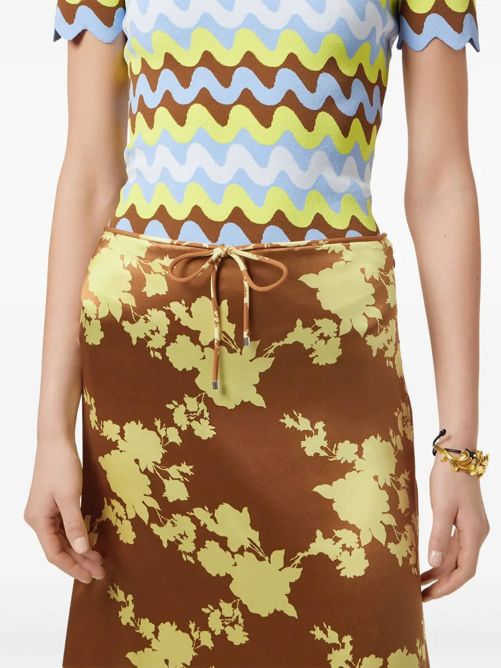 Versace Wild Roses Satin Midi Skirt In Brown
