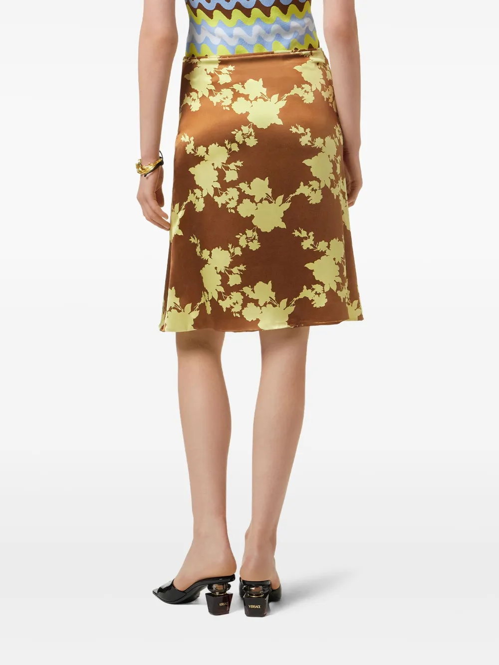 Versace Wild Roses Satin Midi Skirt In Brown