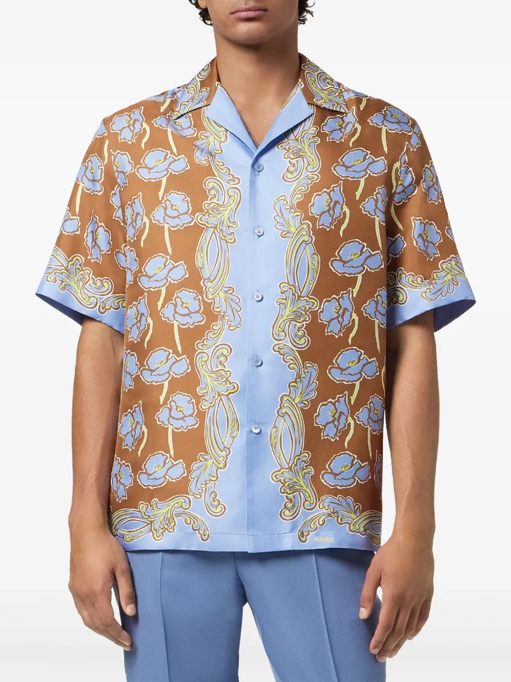 Versace Poppies zijden overhemd Blauw