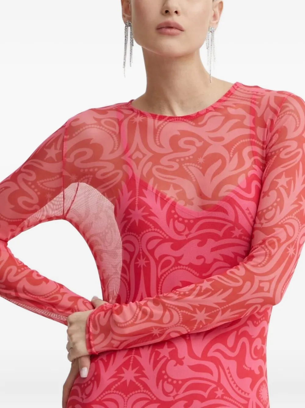 Never Fully Dressed Mesh Long-sleeve Print Dress In Pink