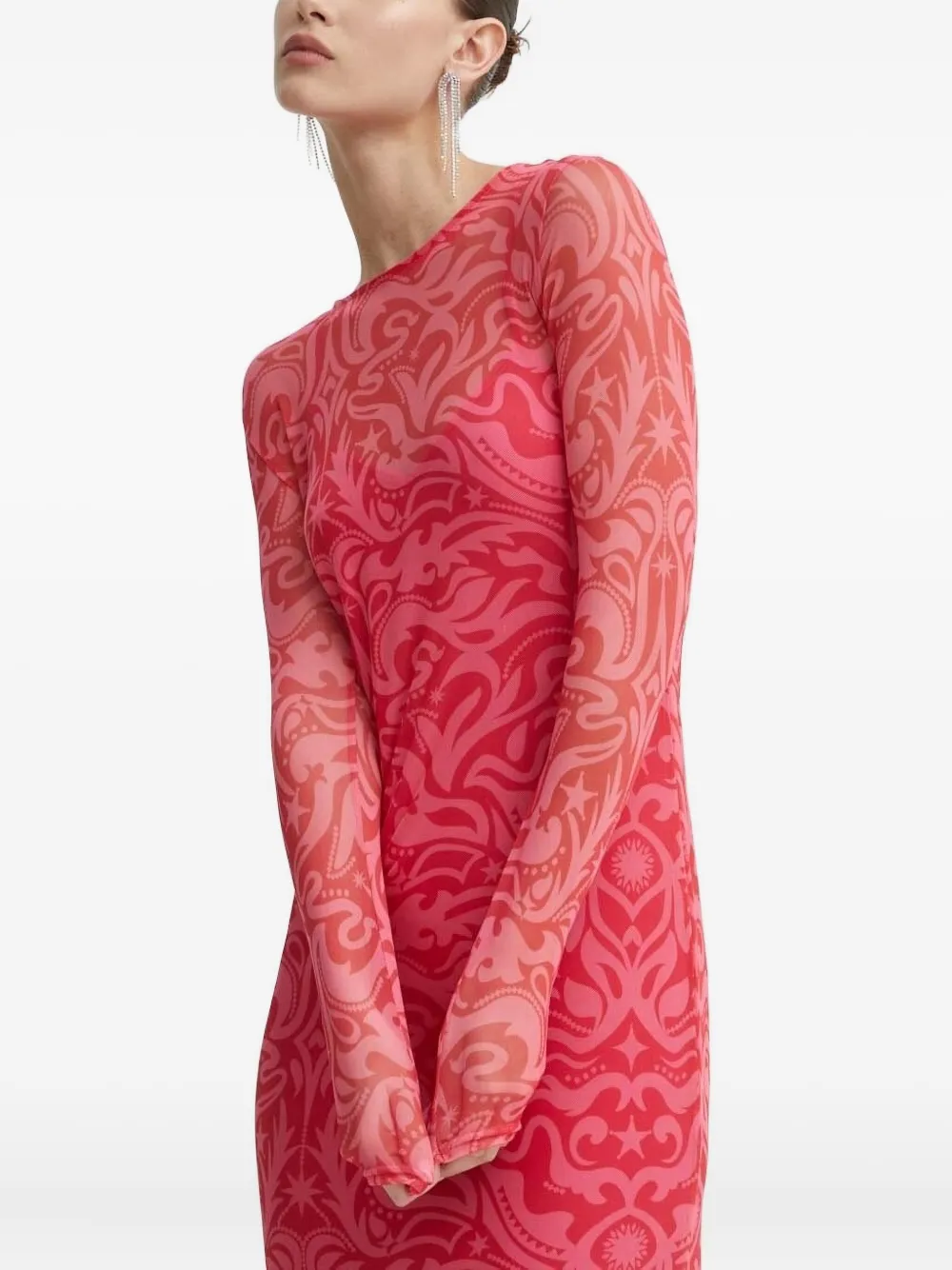 Never Fully Dressed Mesh Long-sleeve Print Dress In Pink