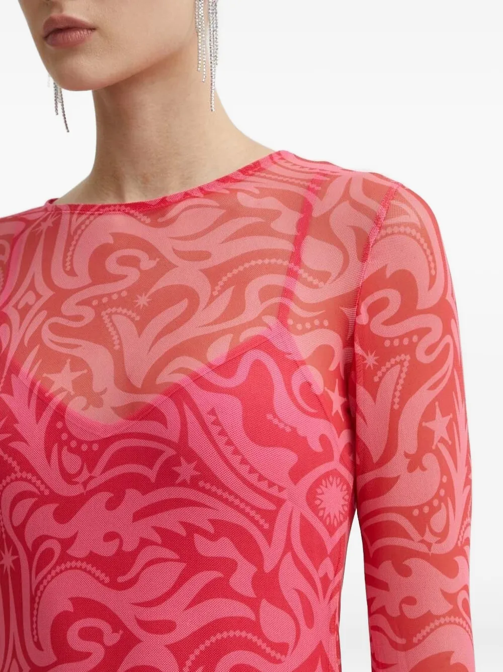 Never Fully Dressed Mesh Long-sleeve Print Dress In Pink