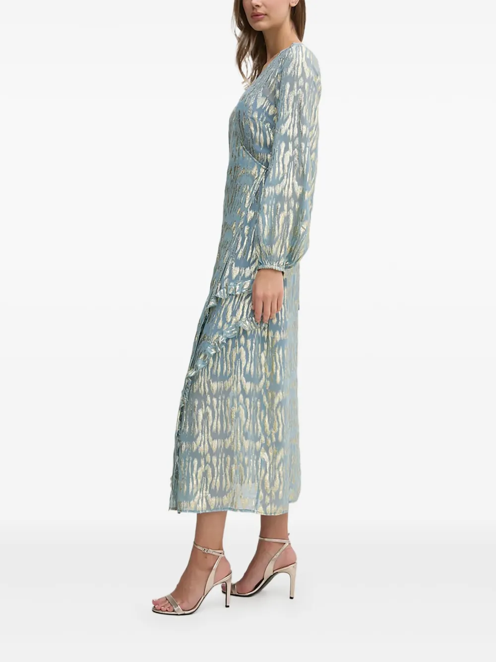 NEVER FULLY DRESSED metallic-print ruffled midi dress | Blue | Image 1